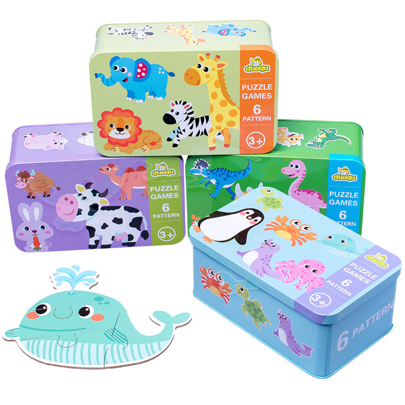 Wooden Animal Puzzle Set in Metal Tin Box 3+