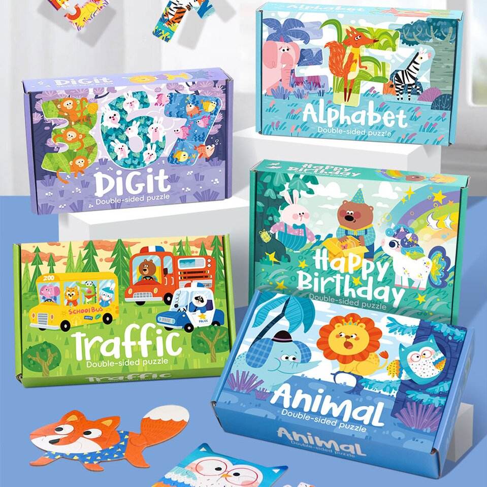 Double-Sided Jigsaw Puzzle Set with Storage Bag 3+