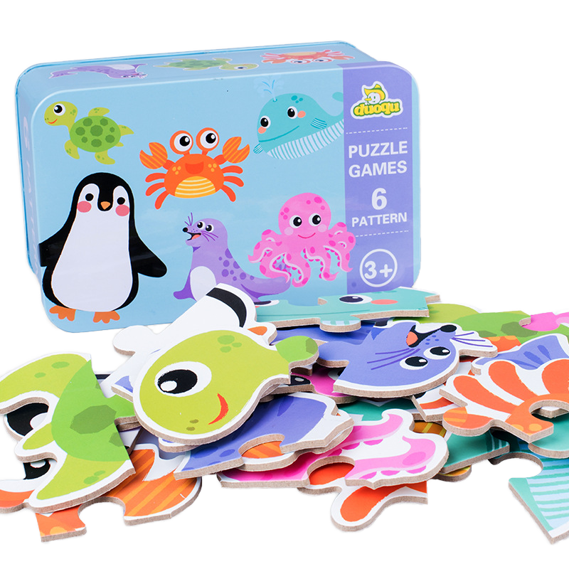 Wooden Animal Puzzle Set in Metal Tin Box 3+