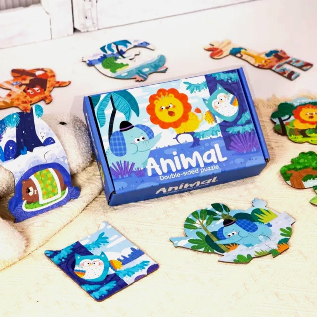 Double-Sided Animals Jigsaw Puzzle Set with Storage Bag 3+