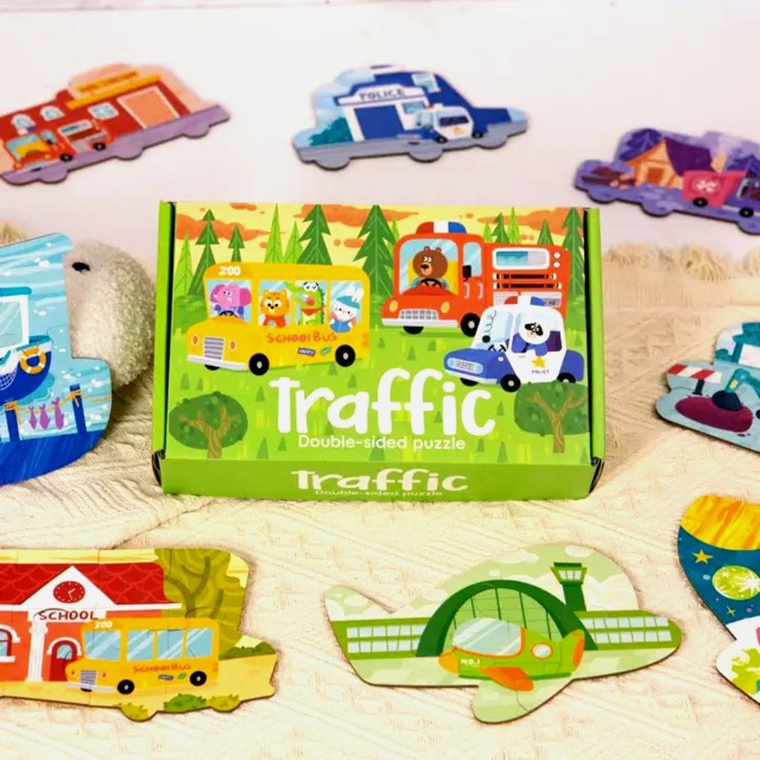 Double-Sided Traffic / Vehicles Jigsaw Puzzle Set with Storage Bag 3+