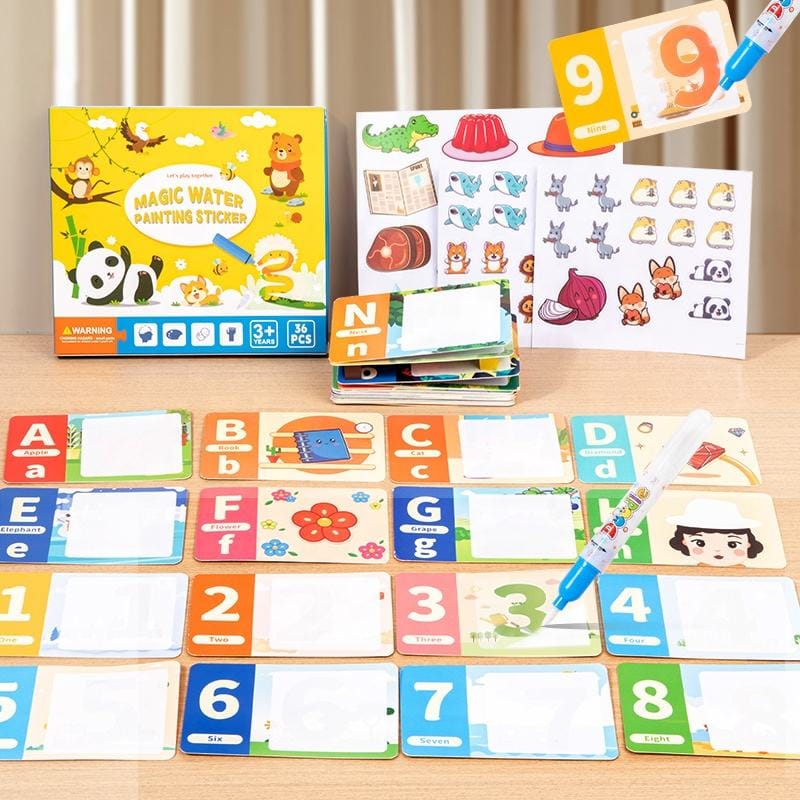 Magic Water Painting Flash Cards Set with Water Pen & Stickers β 36 Pcs Alphabet & Number Reusable Toddler Activity