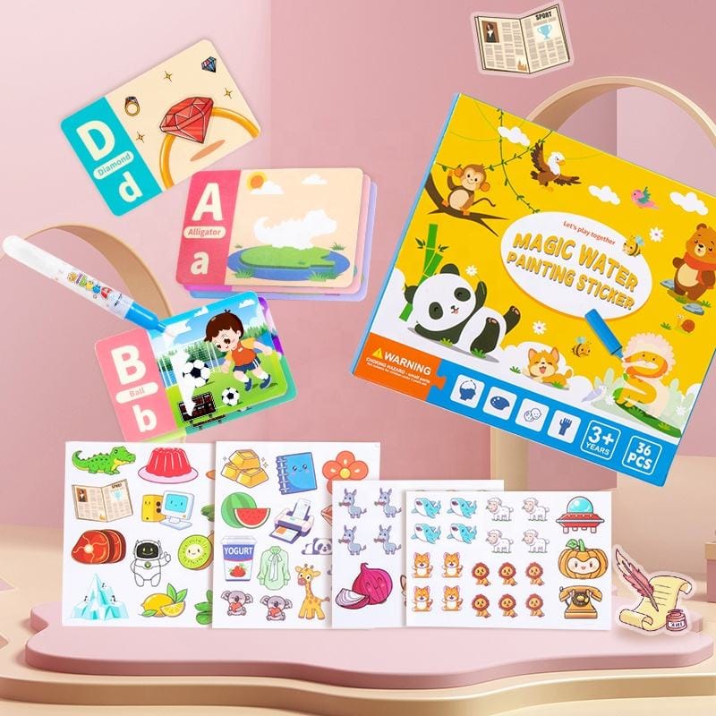 Magic Water Painting Flash Cards Set with Water Pen & Stickers β 36 Pcs Alphabet & Number Reusable Toddler Activity