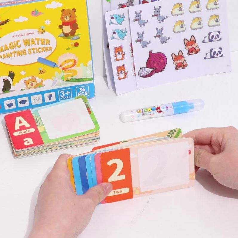Magic Water Painting Flash Cards Set with Water Pen & Stickers – 36 Pcs Alphabet & Number Reusable Toddler Activity - Image 7